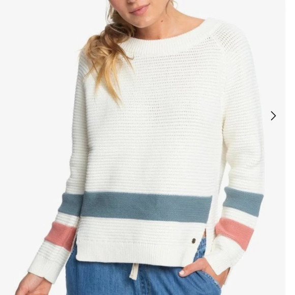 Roxy Ribbed Knit Stripe Long Sleeve Sweater  Jumper White Cotton Blend Sz Small - Picture 3 of 8